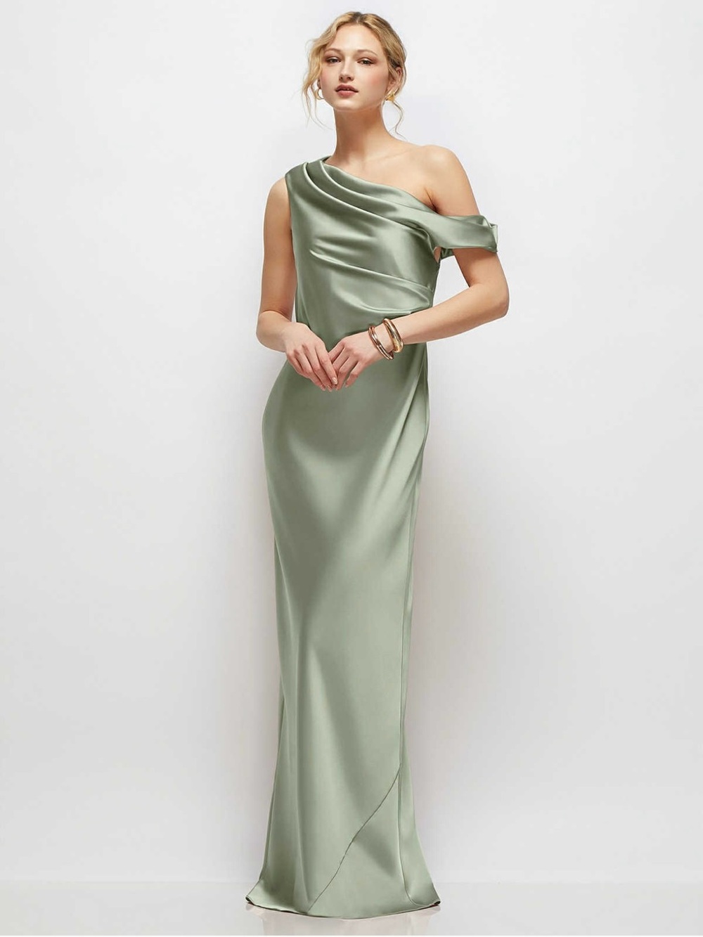 Dessy One-Shoulder Sage Green Satin Evening Dress- NWT